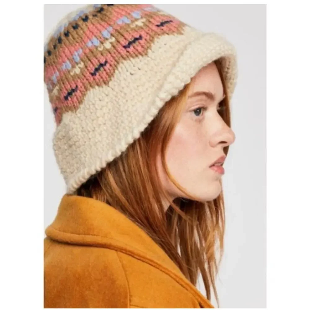 Free People High Road Fairisle Bucket Hat One Size Knit Pink Cream Blue Tan